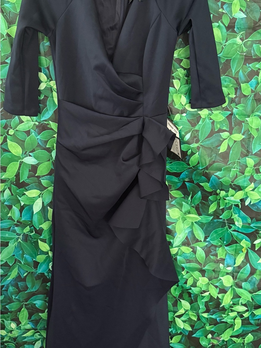 Xscape Navy Blue Long-Sleeve Ruffle-Detail Dress